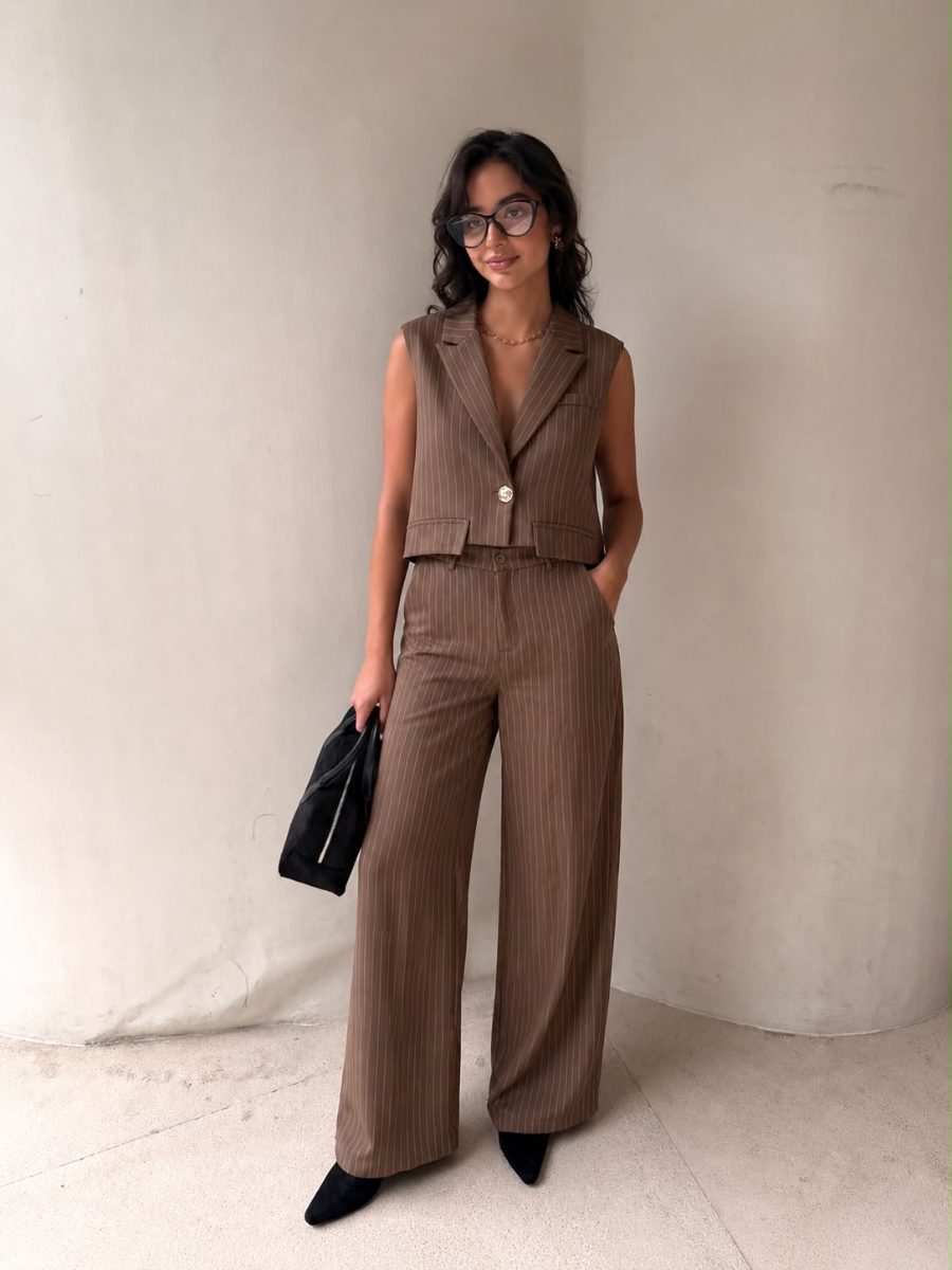 Ensemble tailleur taupe à fines rayures : gilet court à revers et pantalon large